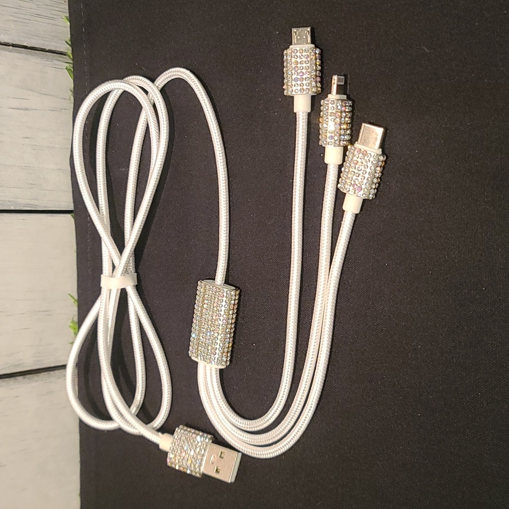 Charger system rhinestone Iphone,USB A, USB C & USB android white cord